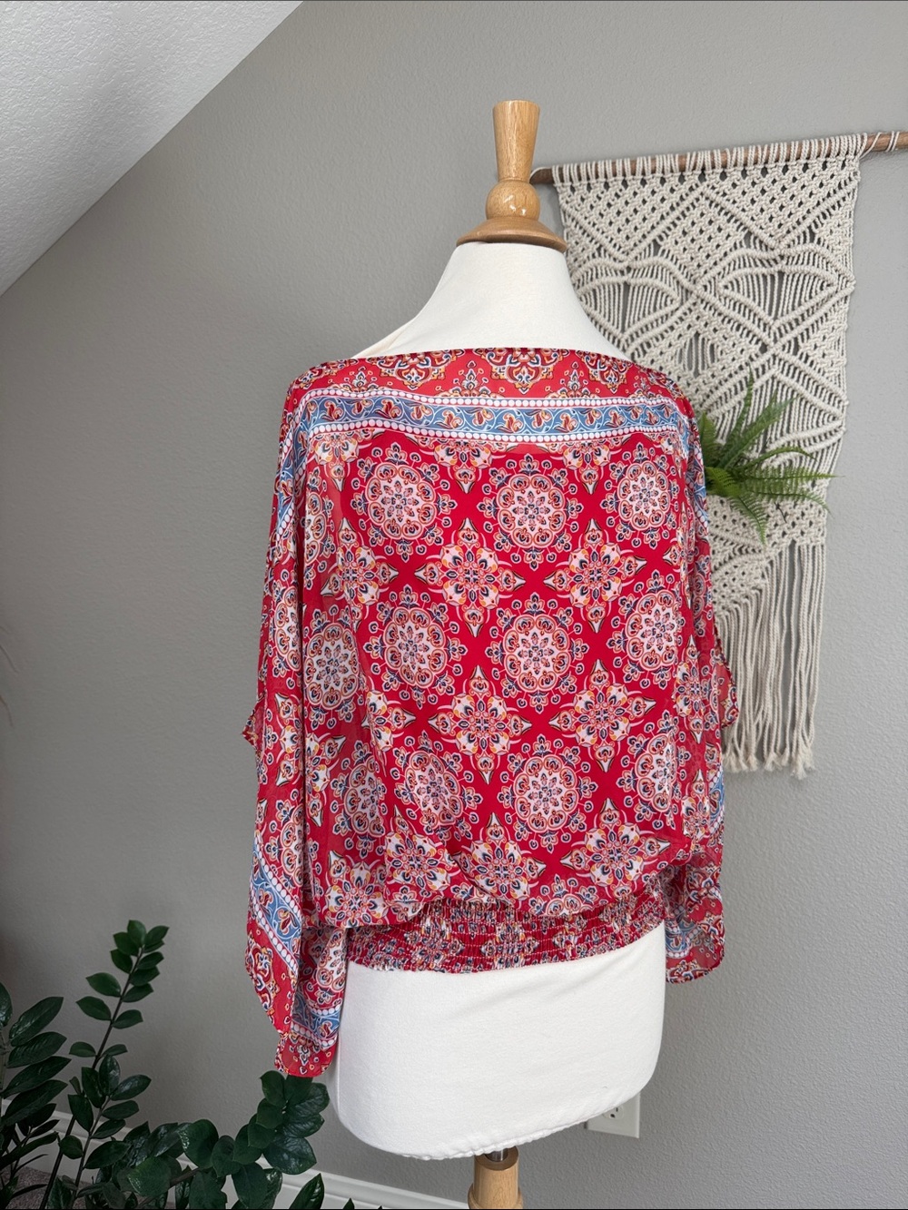 Sheer geometrical blouse small NWOT red blue white